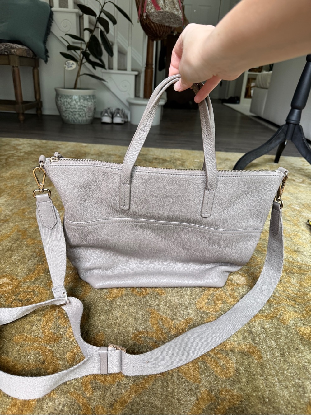 ANTONIO MELANI Pebbled Leather Shoulder Tote in Light Beige